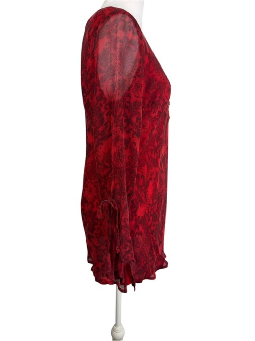 Separates NYC Red Damask Beaded Sheer Tunic Blouse Bell Sleeve Boho M/L - Picture 8 of 9